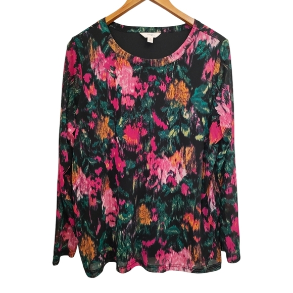 Terra & Sky Black Floral Fully Lined Mesh Overlay Long Sleeve Top - Picture 1 of 7